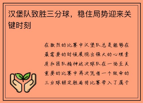 汉堡队致胜三分球，稳住局势迎来关键时刻